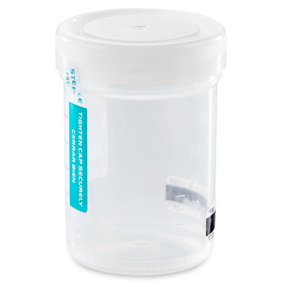 Container: Tite-Rite, 120mL (4oz), PP, STERILE, Attached Natural Screw Cap, ID Label with Tab Seal and Temperature Strip, Graduated