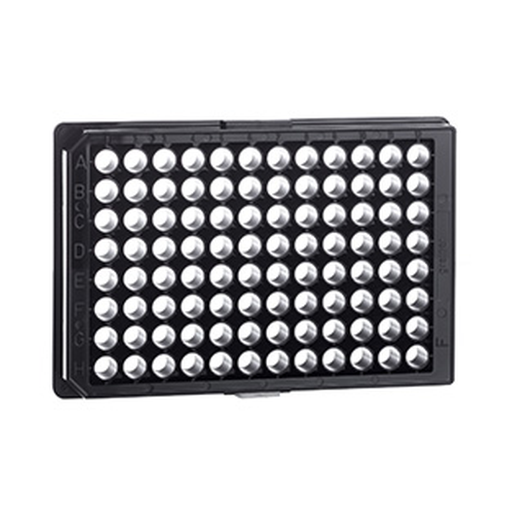 96W SensoPlate™, PS, Sterile, Flat Bottom, Chimney Style, Black/Glass