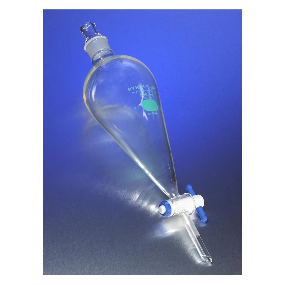 PYREXPLUS Coated 250mL Squibb Separatory Funnel, PTFE Product Standard Stopcock, Glass Standard Taper Stopper