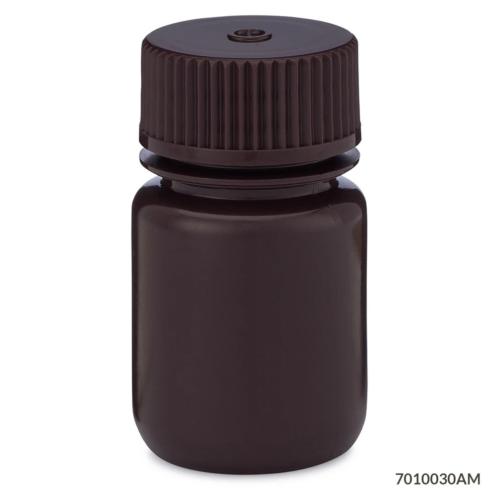 Bottle, Wide Mouth, HDPE Bottle, Attached PP Screw Cap, Amber, 30mL, 12/Pack - cs-72