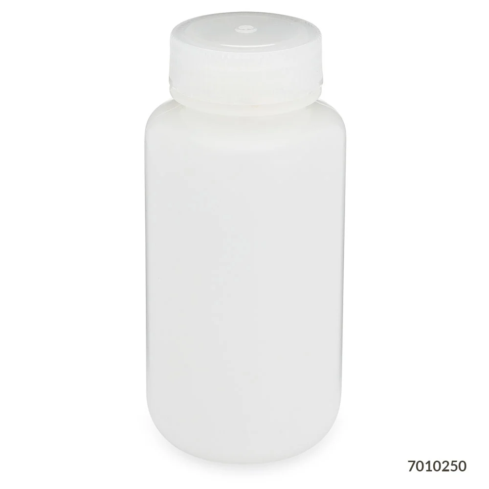 Bottle, Wide Mouth, HDPE Bottle, Attached PP Screw Cap, 250mL, 12/Pack - cs-72