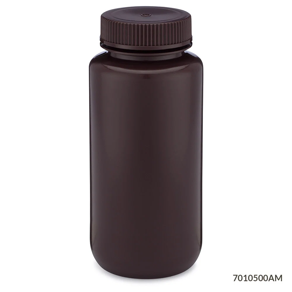 Bottle, Wide Mouth, HDPE Bottle, Attached PP Screw Cap, Amber, 500mL, 12/Pack - CS/48