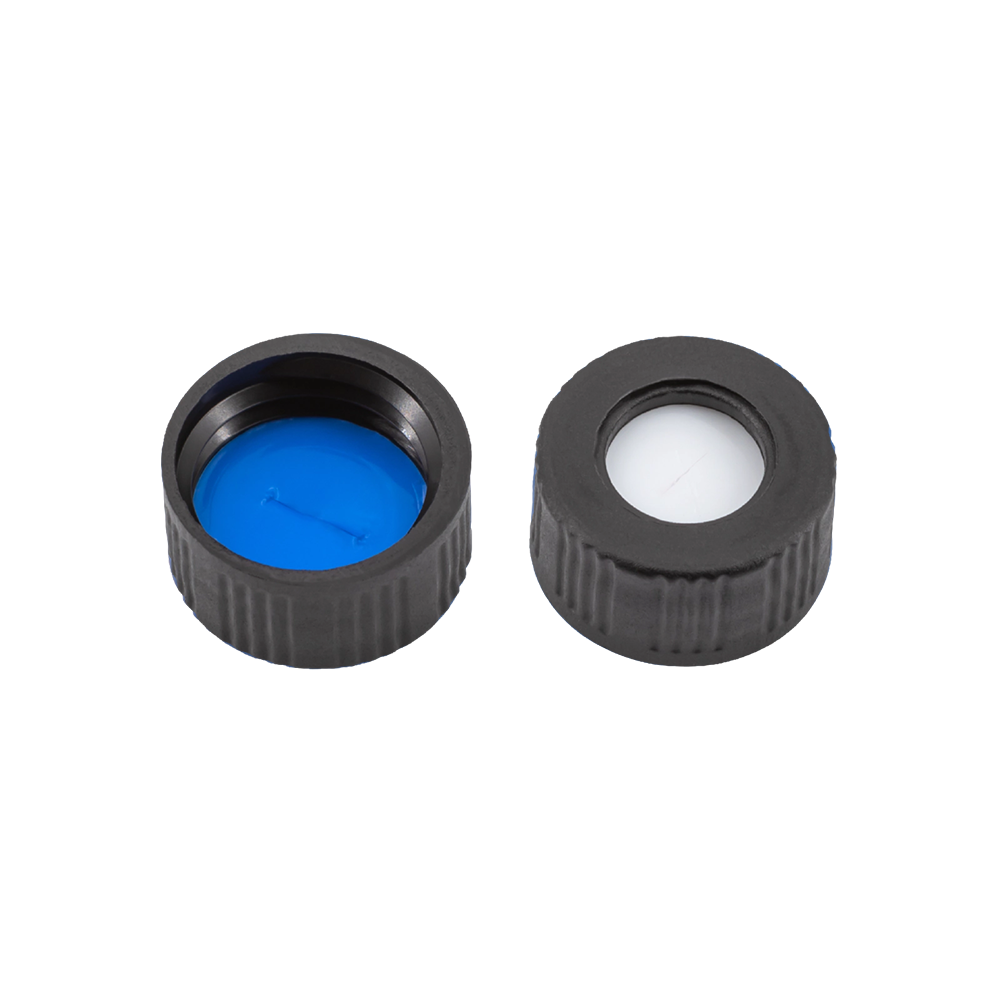 N9 PP screw cap, black, center hole Silicone white/PTFE blue, 702039 MN