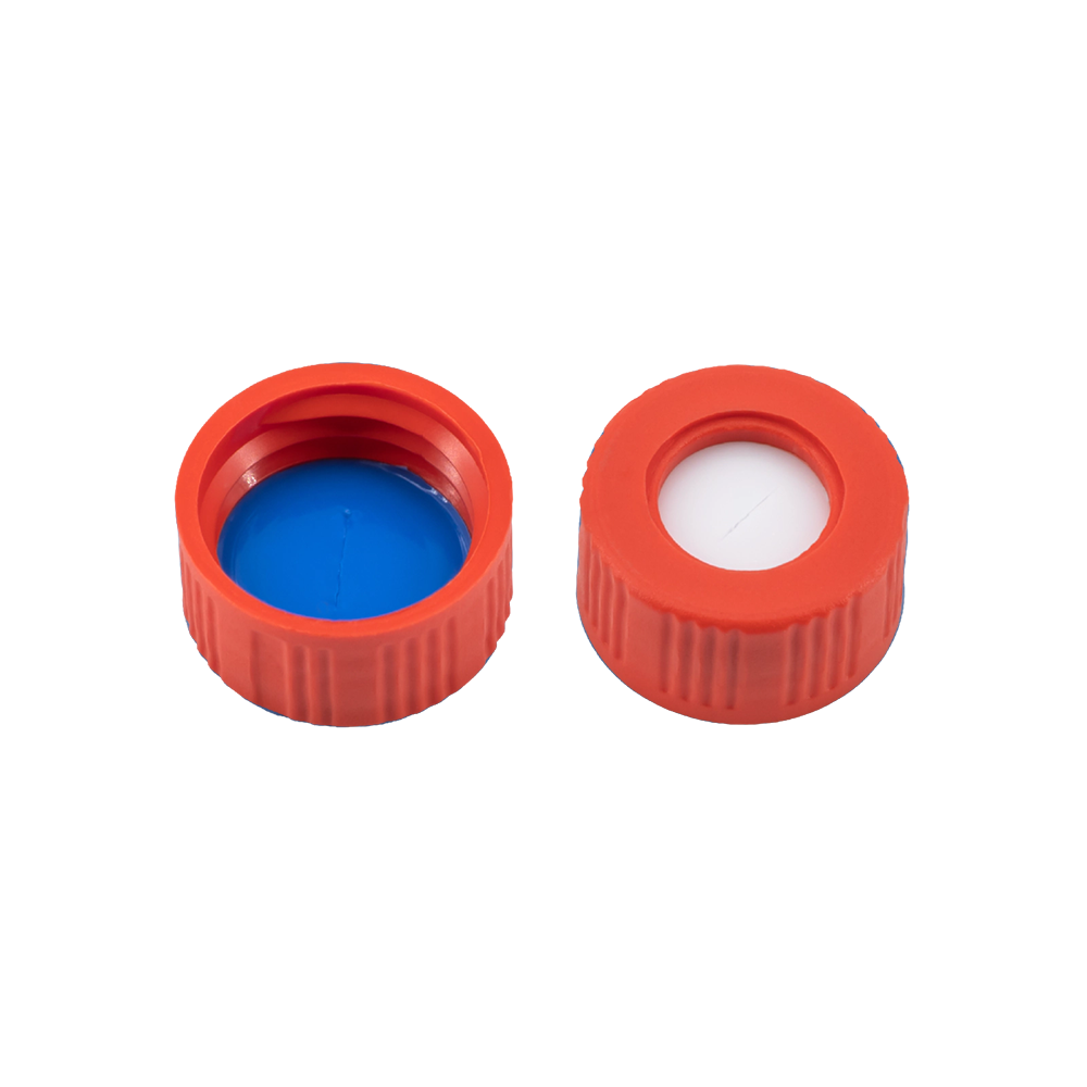 N9 PP screw cap, red, center hole Silicone white/PTFE blue,, 702040 MN