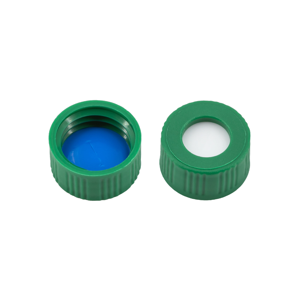 N9 PP screw cap, green, center hole Silicone white/PTFE blue