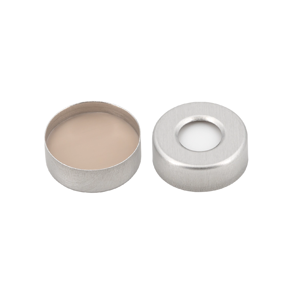 N20 Aluminium crimp cap, silver, center hole Silicone white / PTFE beige