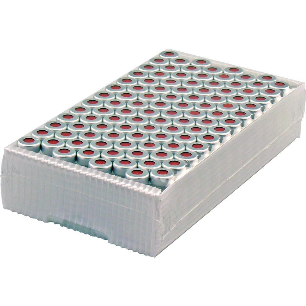 N20 Aluminium crimp cap, silver, center hole Butyl dark gray/centrical PTFE-lamination gray