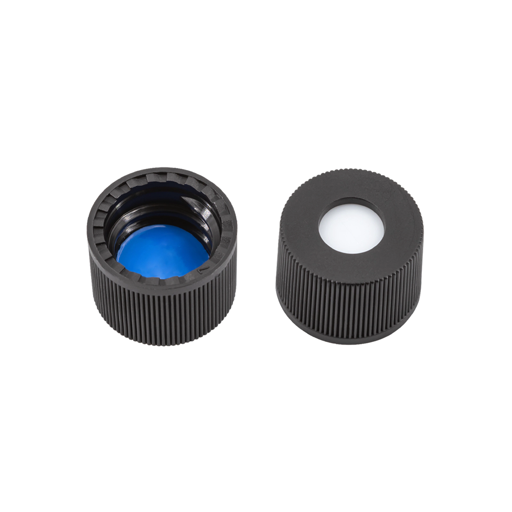 N8 PP screw cap, black, center hole Silicone white/PTFE blue
