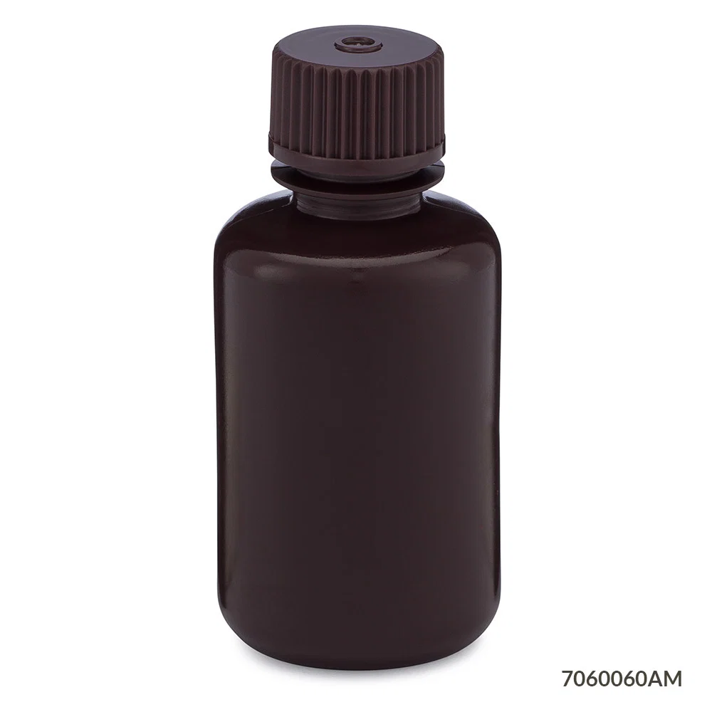 Bottle, Narrow Mouth, HDPE Bottle, Attached PP Screw Cap, Amber, 60mL, 12/Pack - cs-72