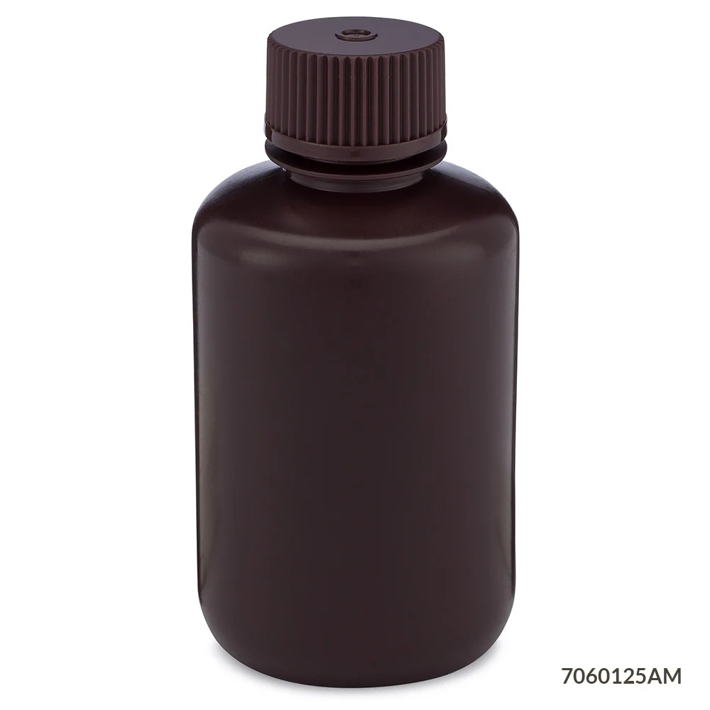 Bottle, Narrow Mouth, HDPE Bottle, Attached PP Screw Cap, Amber, 125mL, 12/Pack - cs-72