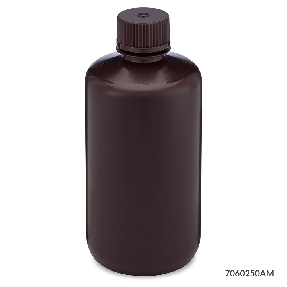 Bottle, Narrow Mouth, HDPE Bottle, Attached PP Screw Cap, Amber, 250mL, 12/Pack - cs-72