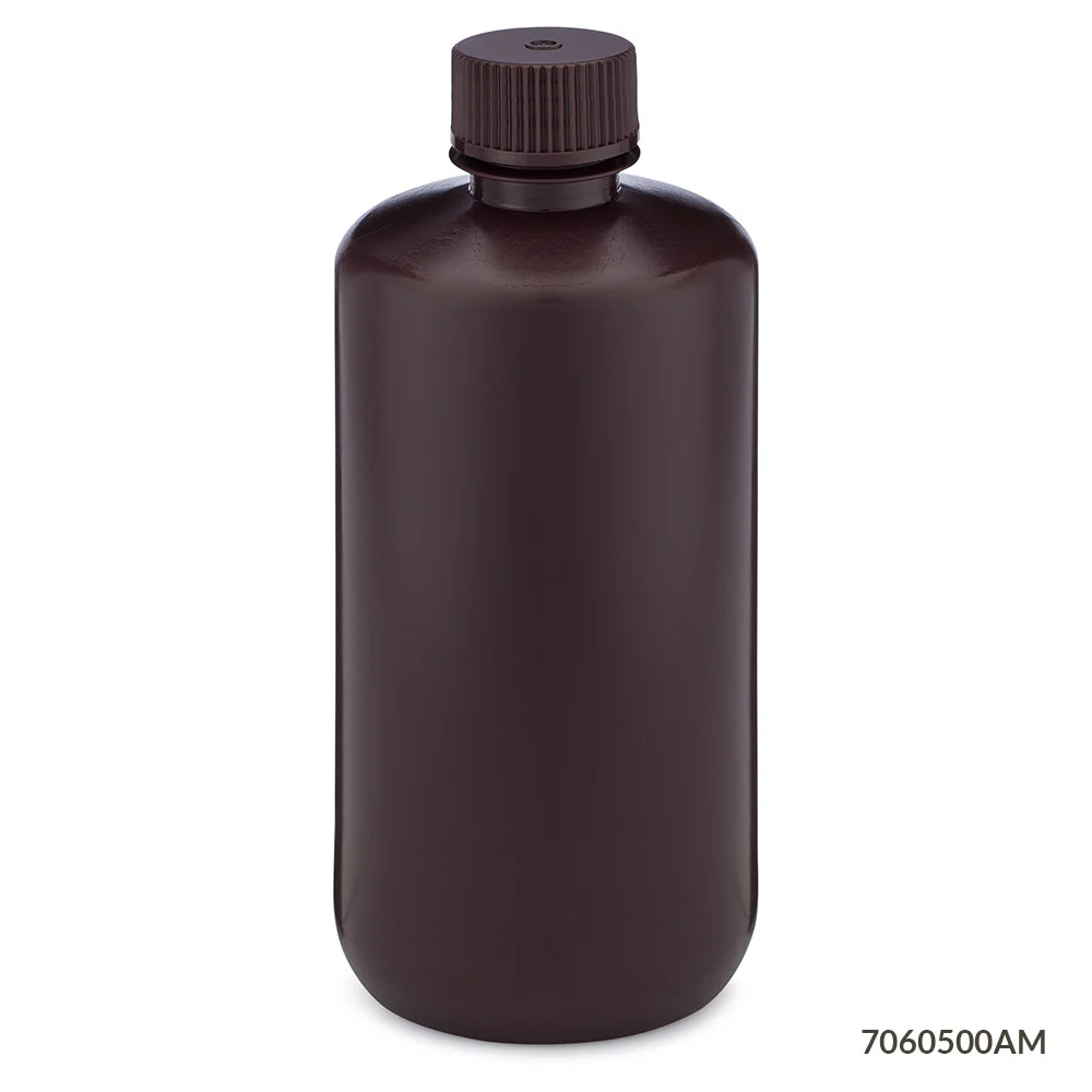 Bottle, Narrow Mouth, HDPE Bottle, Attached PP Screw Cap, Amber, 500mL, 12/Pack - CS/48