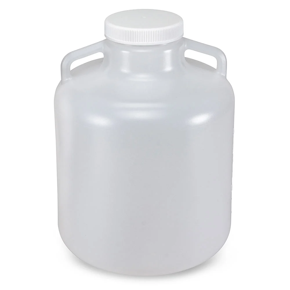 Carboy, Round with Handles, Wide Mouth, PP, White PP Screwcap, 10 Liter, Molded Graduations, Autoclavable - CS/6
