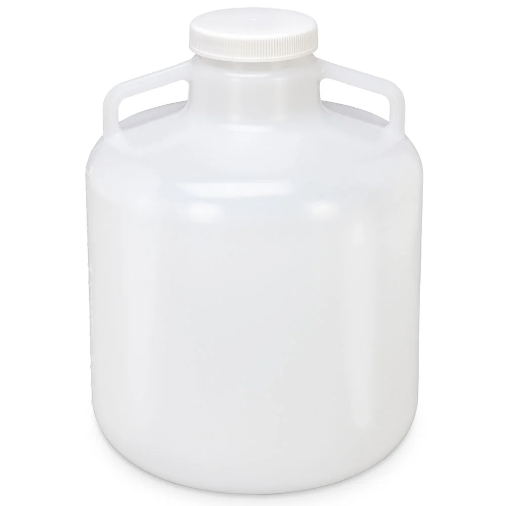 Carboy, Round with Handles, Wide Mouth, PP, White PP Screwcap, 15 Liter, Molded Graduations, Autoclavable - CS/6