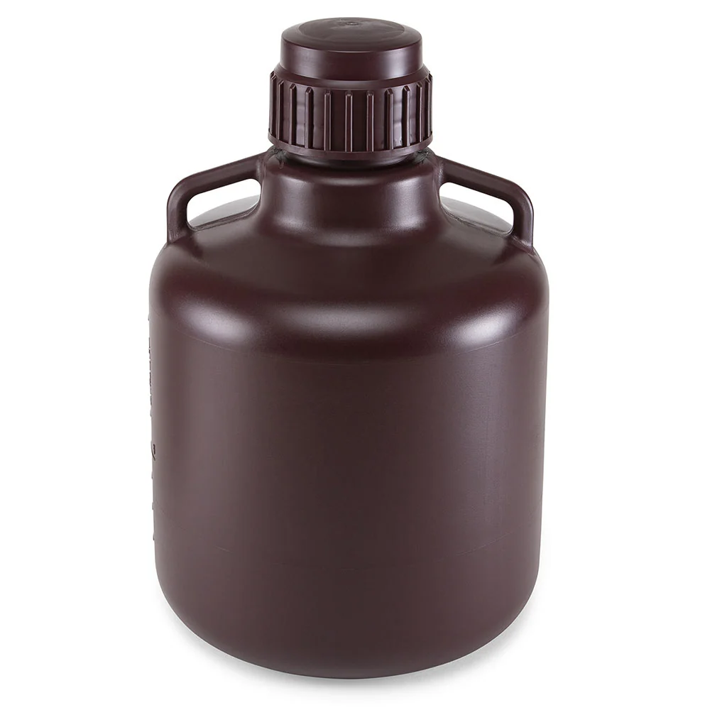Carboy, Round with Handles, Amber HDPE, Amber PP Screwcap, 10 Liter, Molded Graduations, Autoclavable - CS/6
