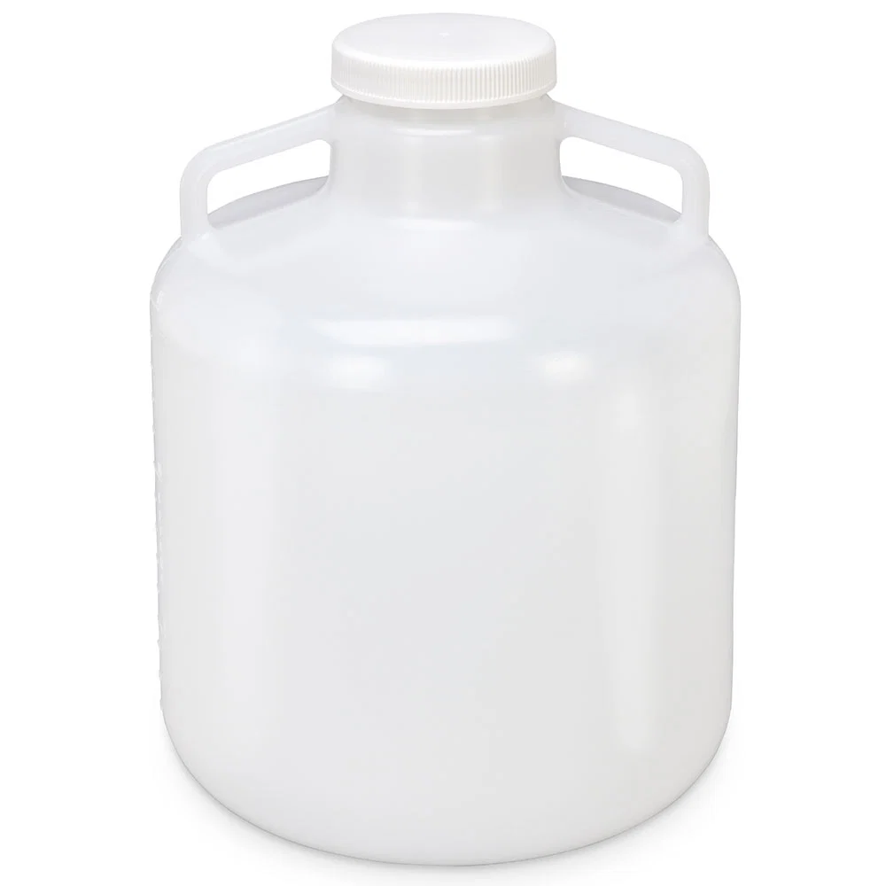 Carboy, Round with Handles, Wide Mouth, LDPE, White PP Screwcap, 15 Liter, Molded Graduations - CS/6