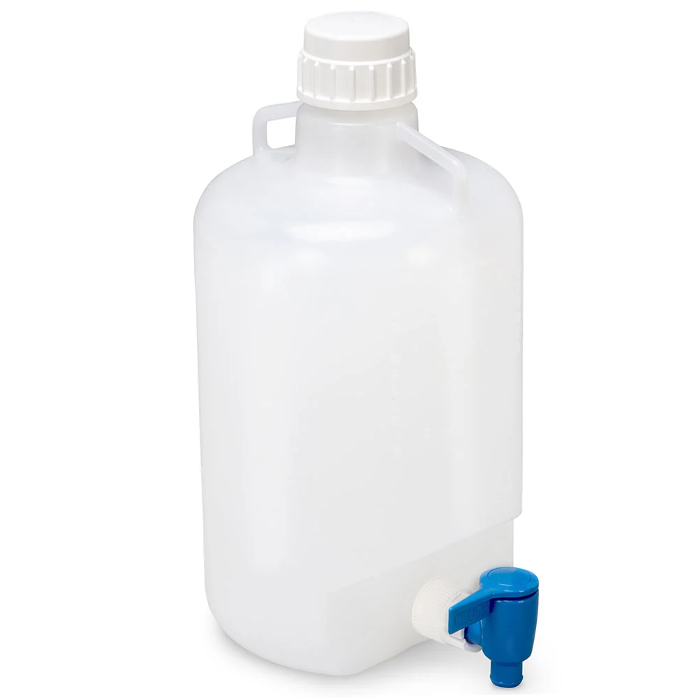 Carboy, Round with Spigot and Handles, LDPE, White PP Screwcap, 5 Liter, Molded Graduations - CS/6