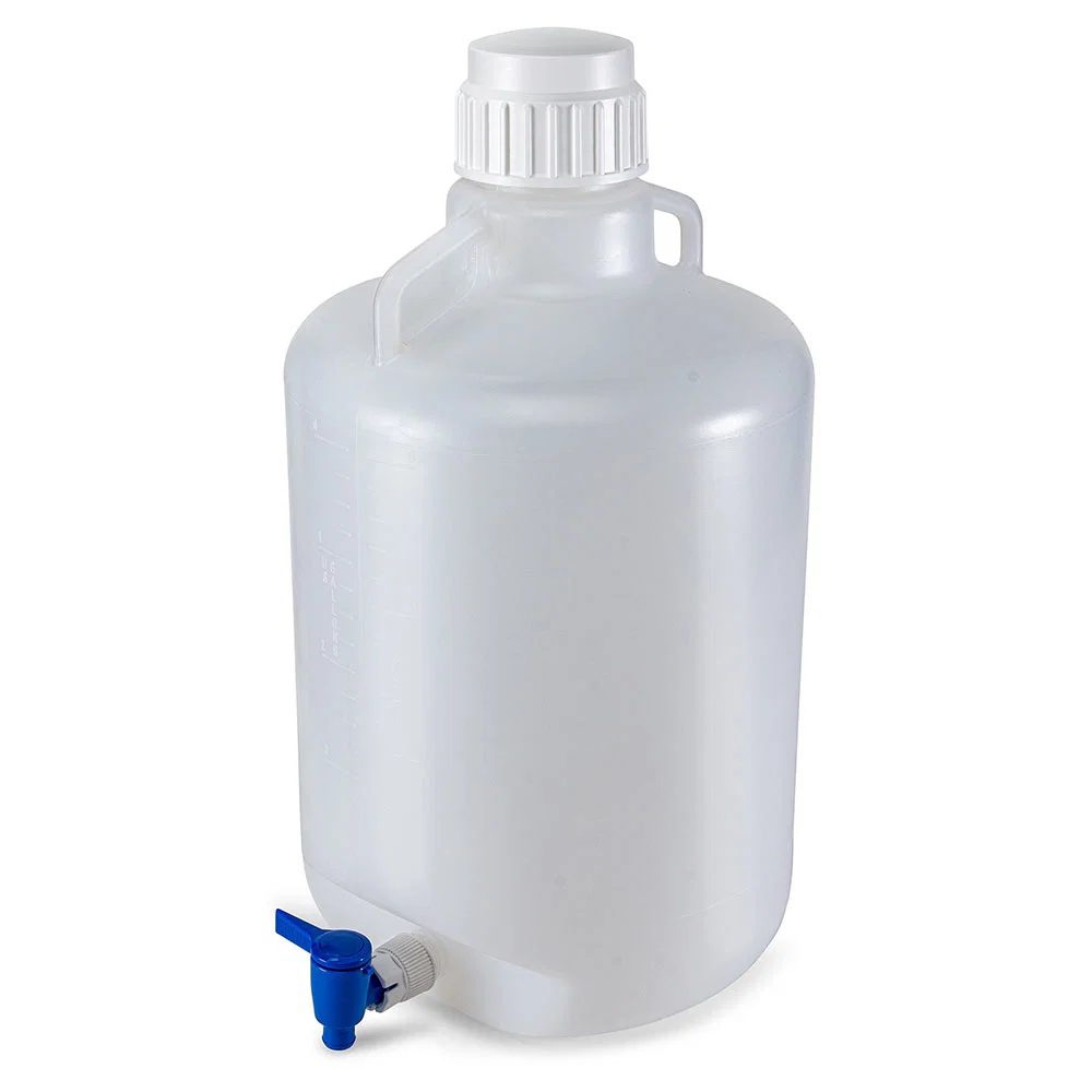 Carboy, Round with Spigot and Handles, LDPE, White PP Screwcap, 20 Liter, Molded Graduations - CS/4