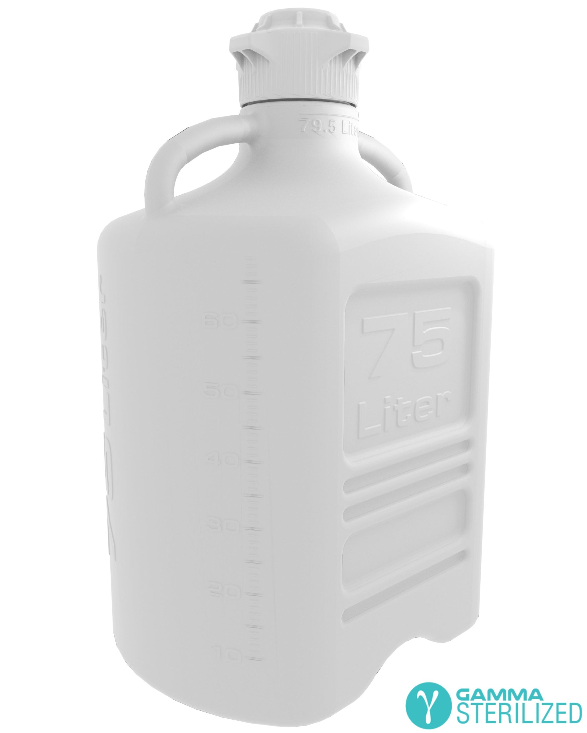 EZBio® 75 L (20 Gal) Gamma Sterilized Double Bagged Autoclavable Polypropylene (PP) Space Saving Carboy with Wide Mouth 120 mm VersaCap® and 79.5 L Max Capacity, Large Pinched Handles, 1/EA