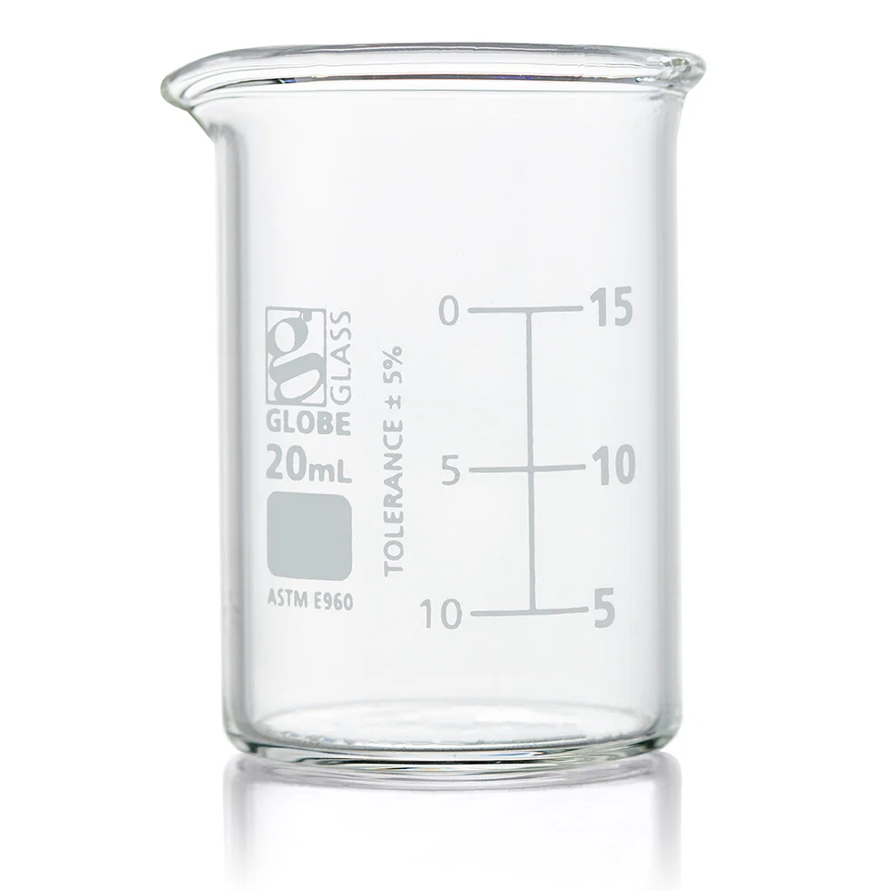 Beaker, Globe Glass, 20mL, Low Form Griffin Style, Dual Graduations, ASTM E960, 12/Box - CS/48