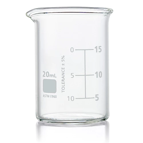 Beaker, Globe Glass, 20mL, Low Form Griffin Style, Dual Graduations, ASTM E960, 12/Box
