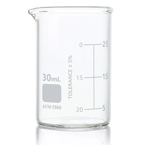 Beaker, Globe Glass, 30mL, Low Form Griffin Style, Dual Graduations, ASTM E960, 12/Box