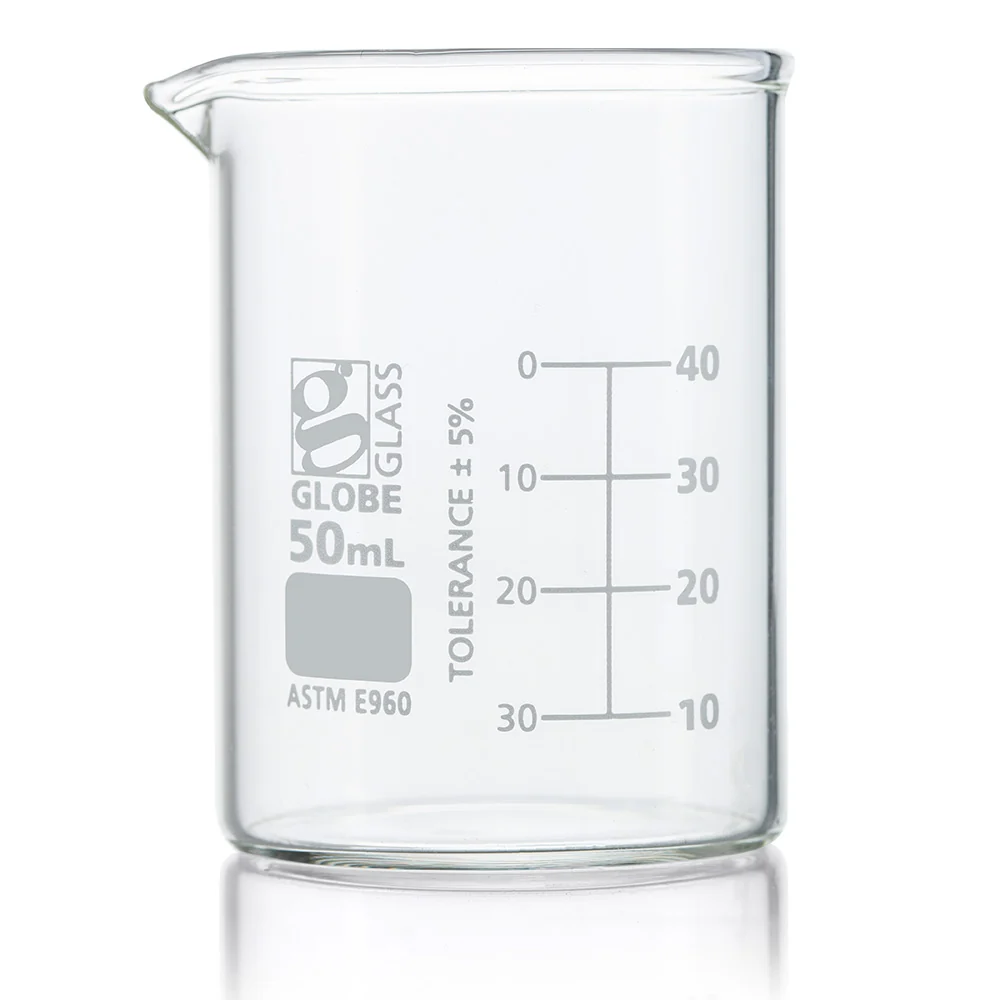 Beaker, Globe Glass, 50mL, Low Form Griffin Style, Dual Graduations, ASTM E960, 12/Box - CS/48
