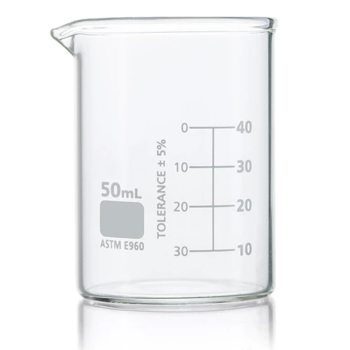 Beaker, Globe Glass, 50mL, Low Form Griffin Style, Dual Graduations, ASTM E960, 12/Box