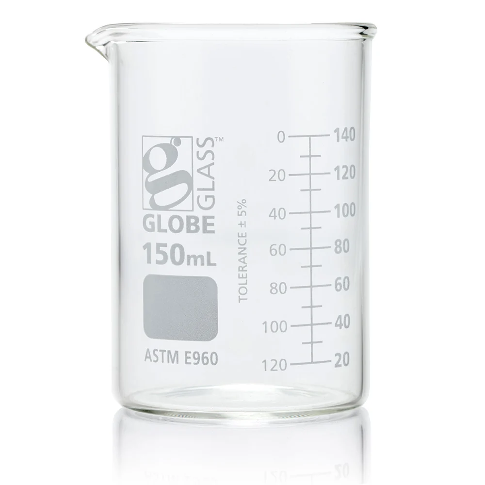 Beaker, Globe Glass, 150mL, Low Form Griffin Style, Dual Graduations, ASTM E960, 12/Box - CS/48