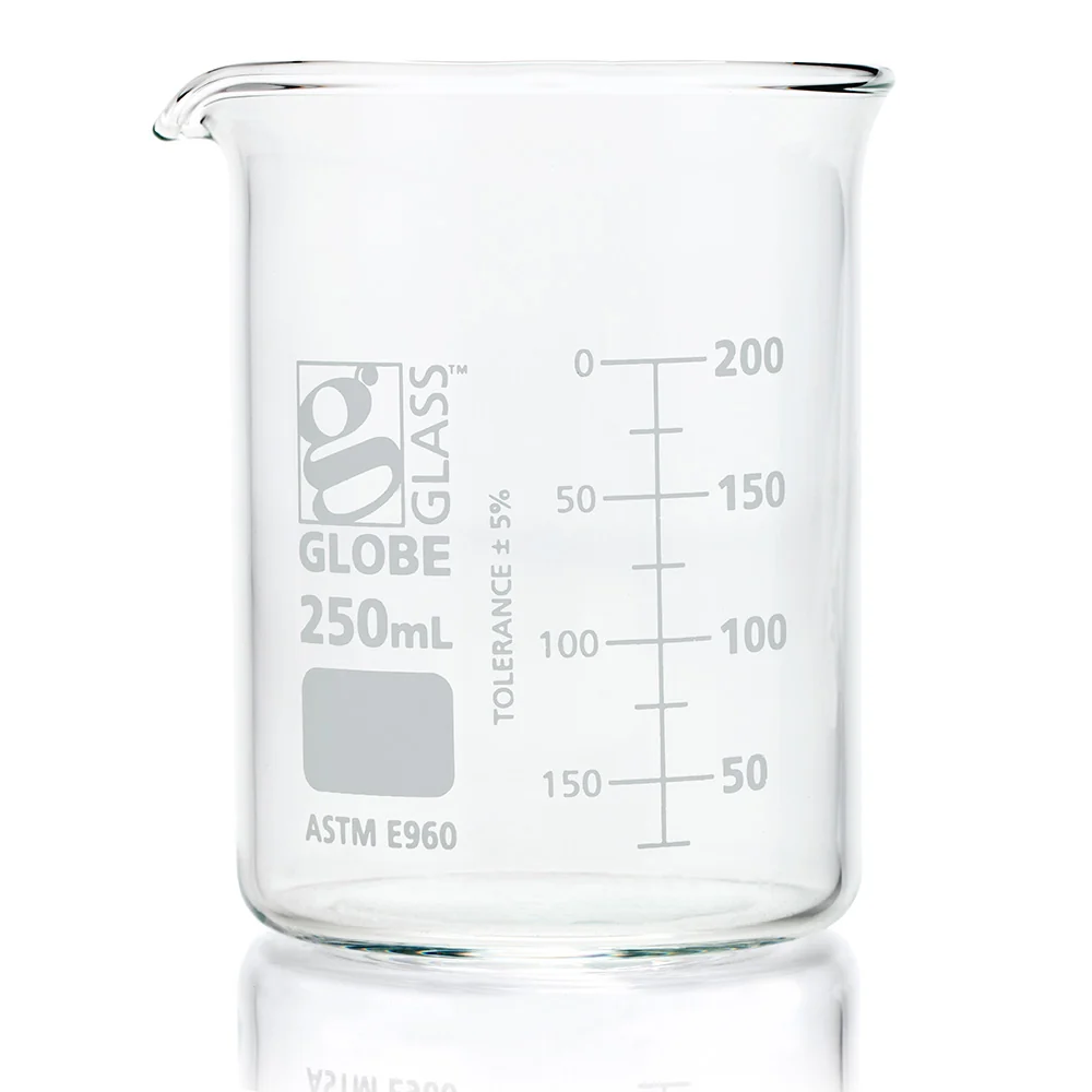 Beaker, Globe Glass, 250mL, Low Form Griffin Style, Dual Graduations, ASTM E960, 12/Box - CS/48