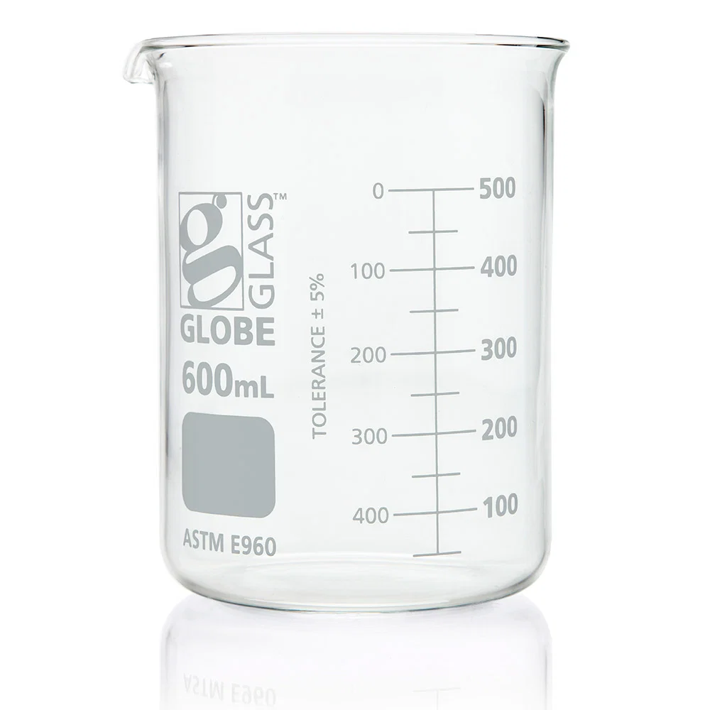 Beaker, Globe Glass, 600mL, Low Form Griffin Style, Dual Graduations, ASTM E960, 6/Box - CS/36