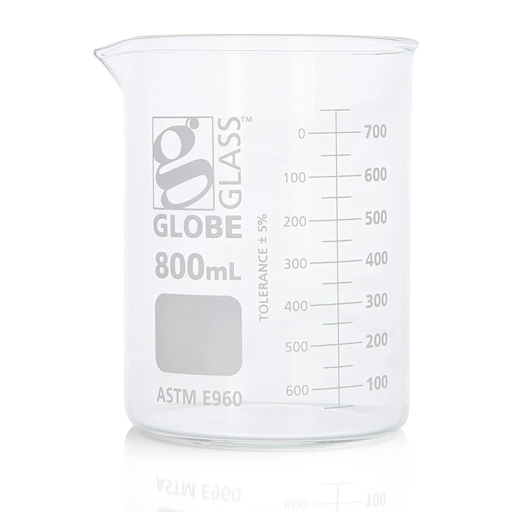 Beaker, Globe Glass, 800mL, Low Form Griffin Style, Dual Graduations, ASTM E960, 6/Box - CS/24