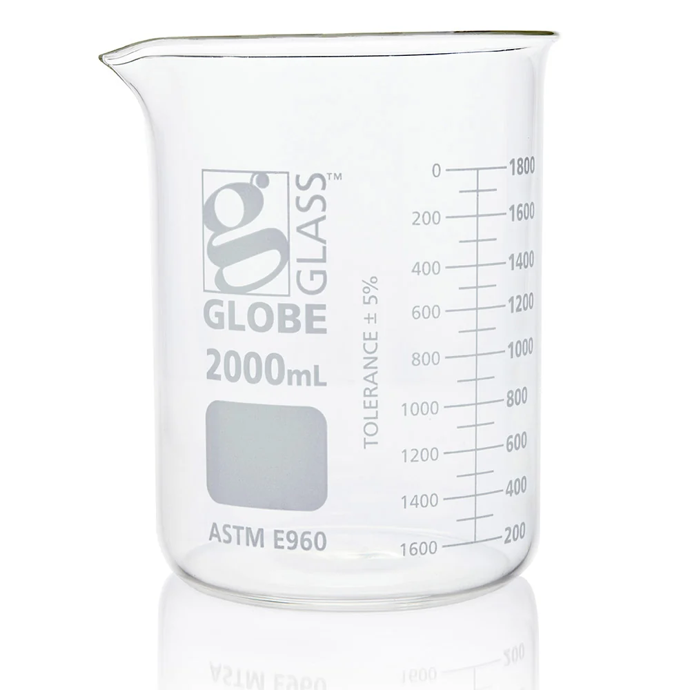 Beaker, Globe Glass, 2000mL, Low Form Griffin Style, Dual Graduations, ASTM E960, 4/Box - CS/8