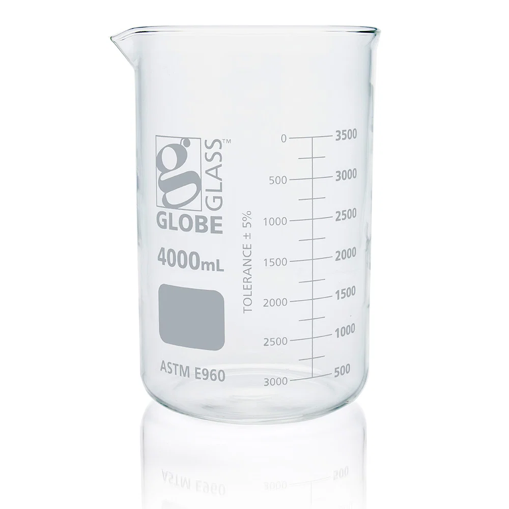 Beaker, Globe Glass, 4000mL, Low Form Griffin Style, Dual Graduations, ASTM E960, 1/Box - CS/6