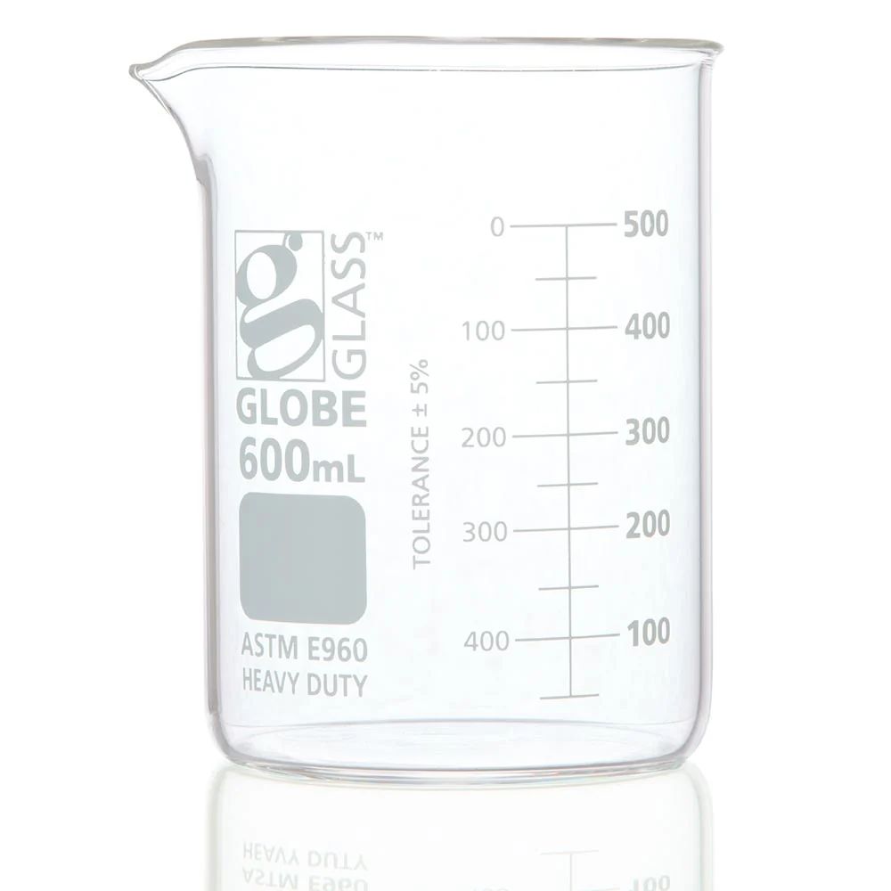 Beaker, Globe Glass, 600mL, Low Form Griffin Style, Heavy Duty, Dual Graduations, ASTM E960, 6/Box