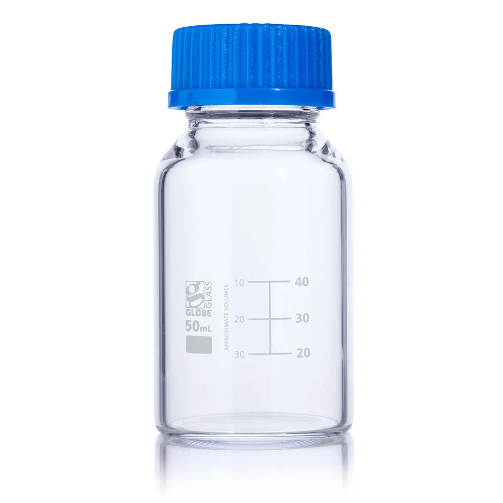 Bottle, Media, Globe Glass, 50mL, GL32 Screw Cap, Dual Graduations, 10/Box - CS/40