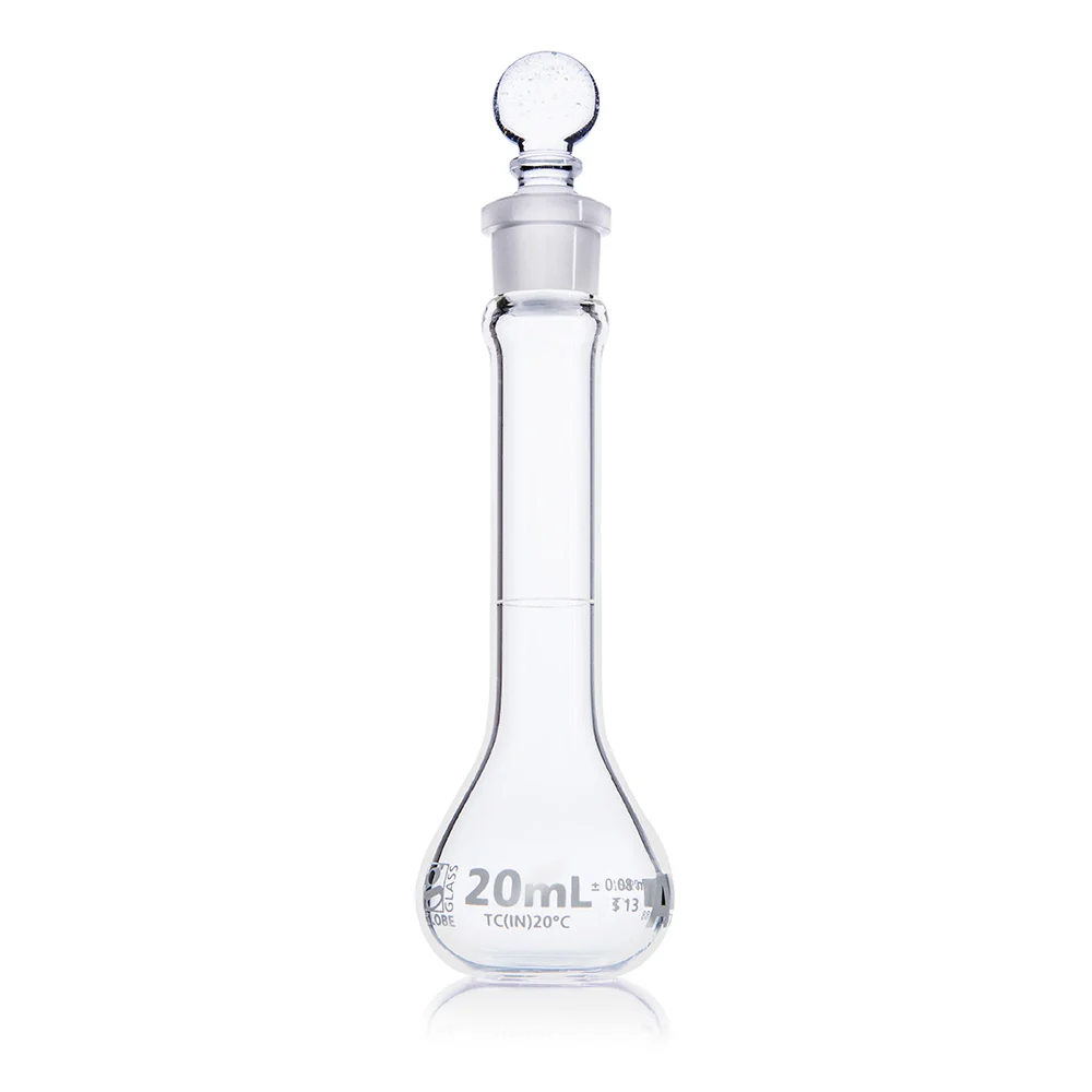 Flask, Volumetric, Wide Mouth, Globe Glass, 20mL, Class A, To Contain (TC), ASTM E288, 6/Box