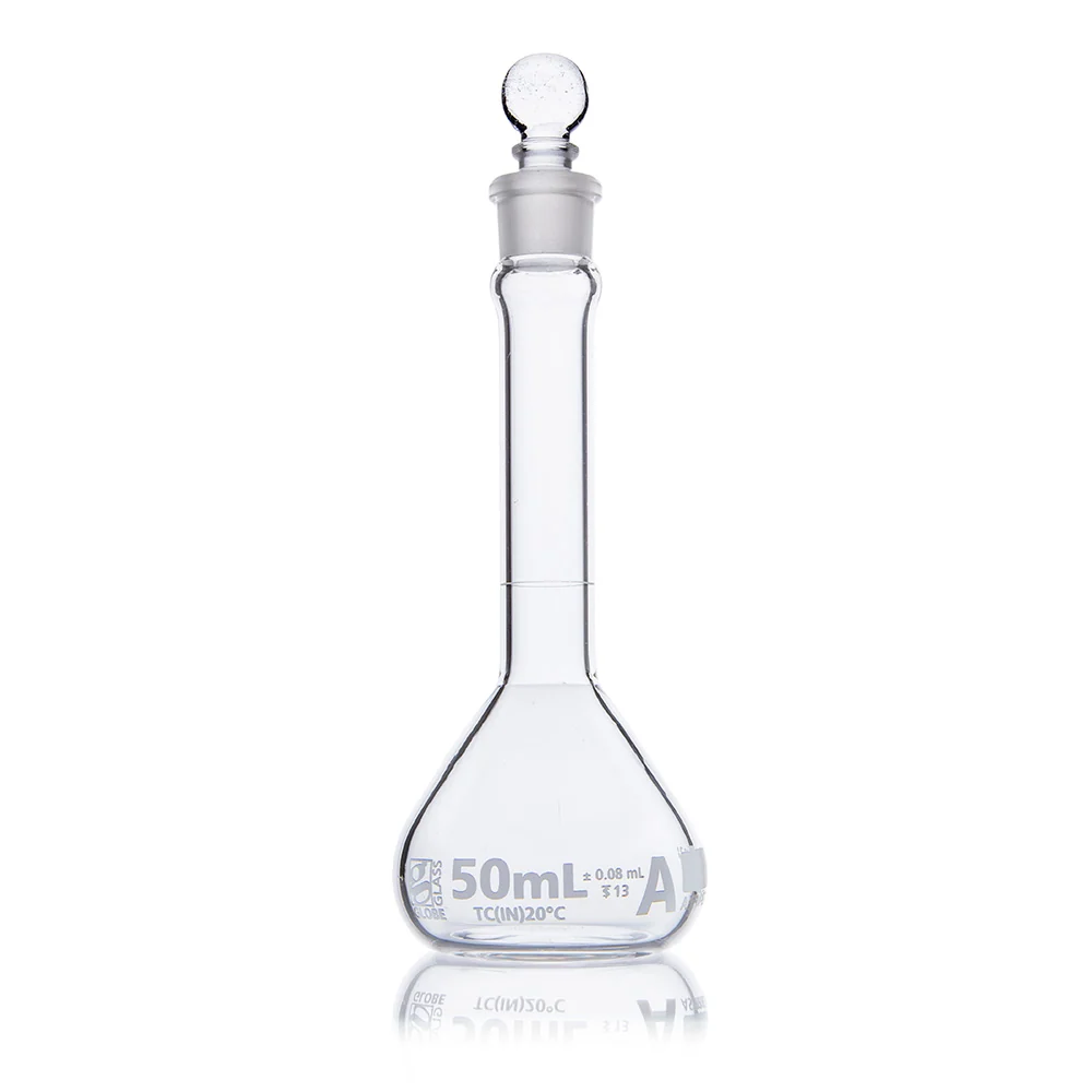 Flask, Volumetric, Wide Mouth, Globe Glass, 50mL, Class A, To Contain (TC), ASTM E288, 6/Box