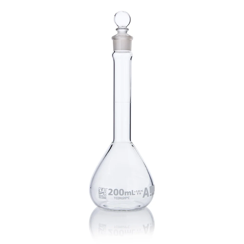 Flask, Volumetric, Wide Mouth, Globe Glass, 200mL, Class A, To Contain (TC), ASTM E288, 6/Box