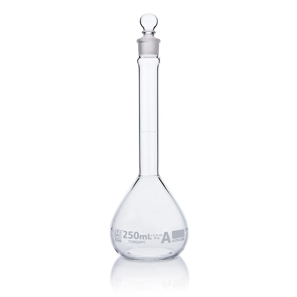 Flask, Volumetric, Wide Mouth, Globe Glass, 250mL, Class A, To Contain (TC), ASTM E288, 6/Box