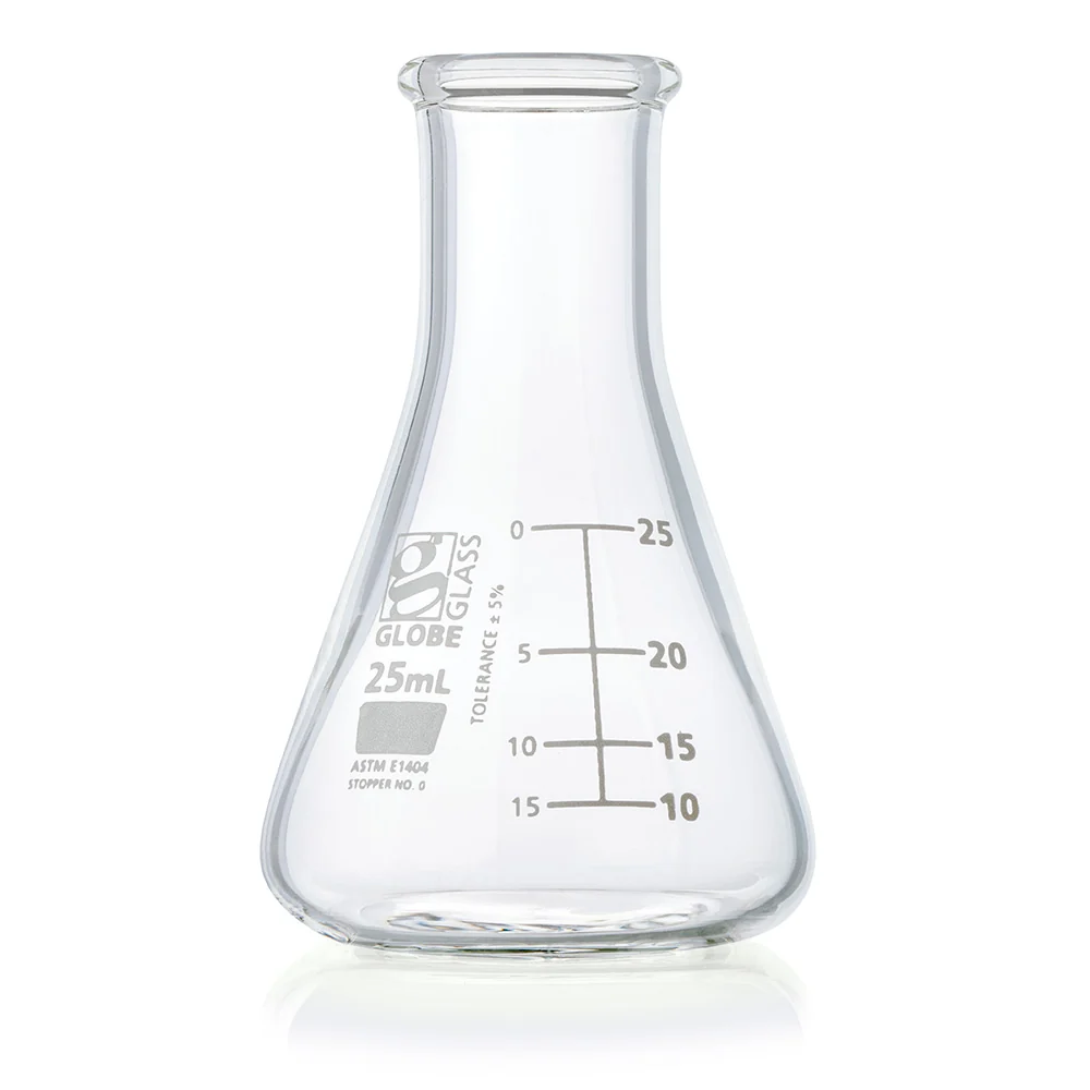 Flask, Erlenmeyer, Globe Glass, 25mL, Narrow Mouth, Dual Graduations, ASTM E1404, 12/Box - CS/48