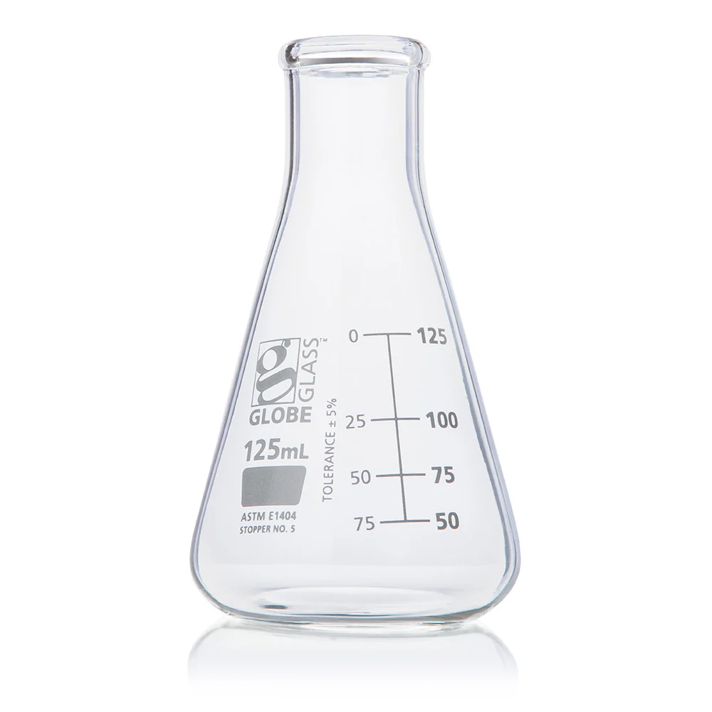 Flask, Erlenmeyer, Globe Glass, 125mL, Narrow Mouth, Dual Graduations, ASTM E1404, 12/Box - CS/48