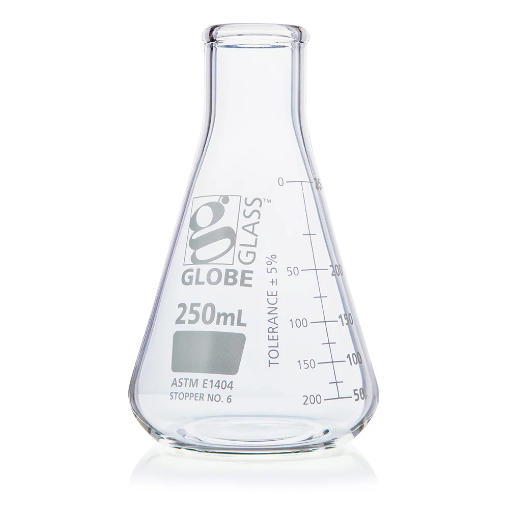 Flask, Erlenmeyer, Globe Glass, 250mL, Narrow Mouth, Dual Graduations, ASTM E1404, 12/Box - CS/48