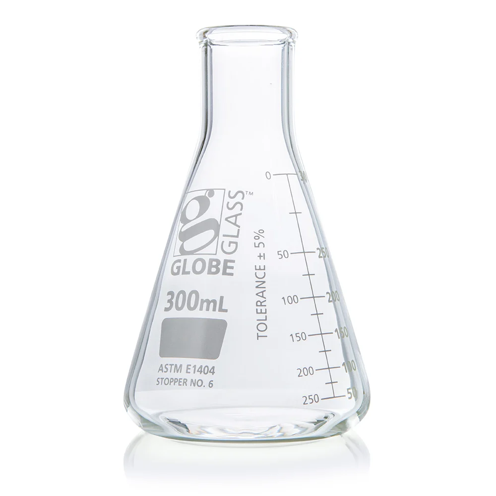 Flask, Erlenmeyer, Globe Glass, 300mL, Narrow Mouth, Dual Graduations, ASTM E1404, 12/Box - CS/48