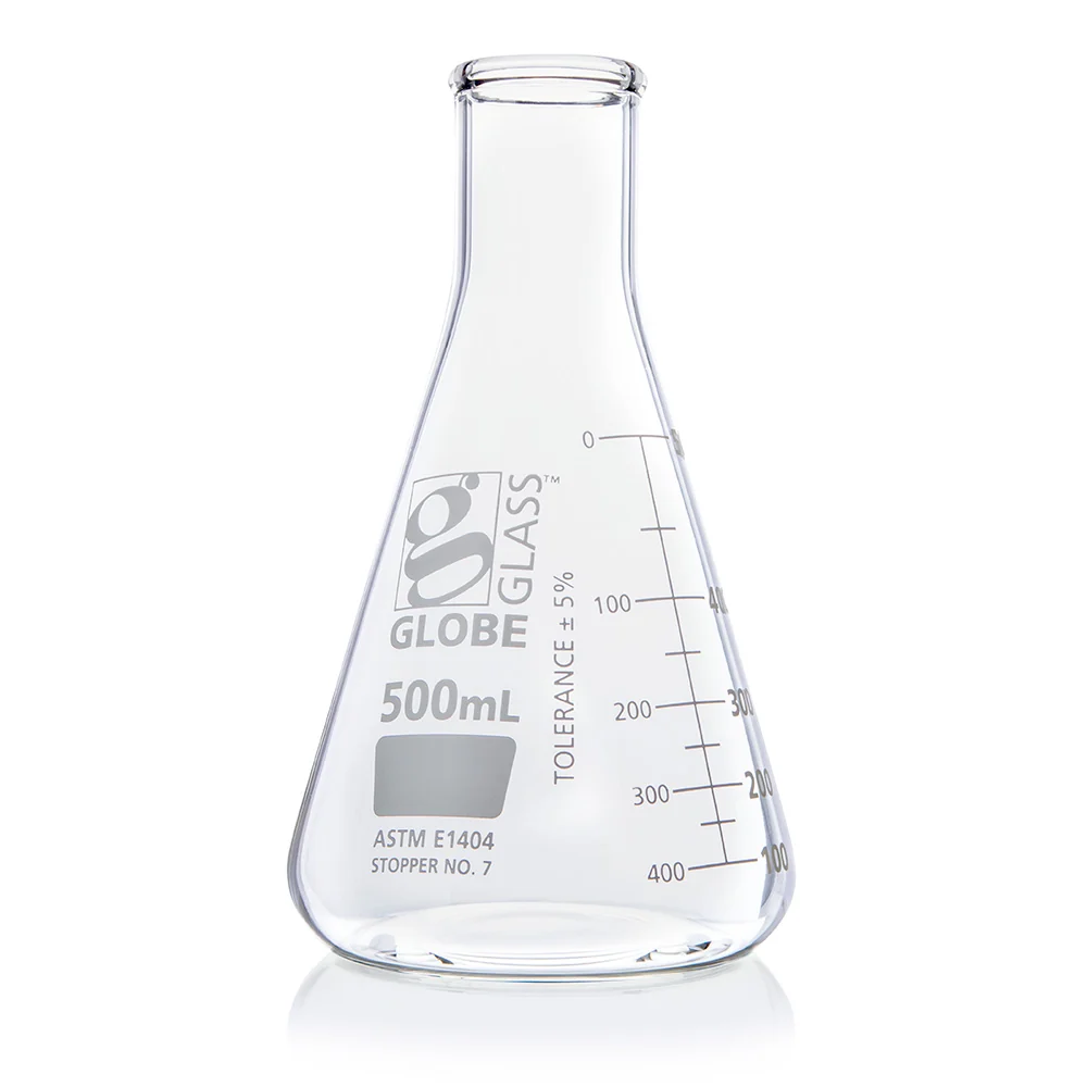 Flask, Erlenmeyer, Globe Glass, 500mL, Narrow Mouth, Dual Graduations, ASTM E1404, 6/Box - CS/36