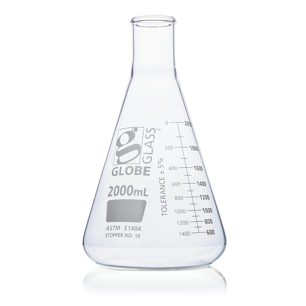 Flask, Erlenmeyer, Globe Glass, 2000mL, Narrow Mouth, Dual Graduations, ASTM E1404, 4/Box - CS/8