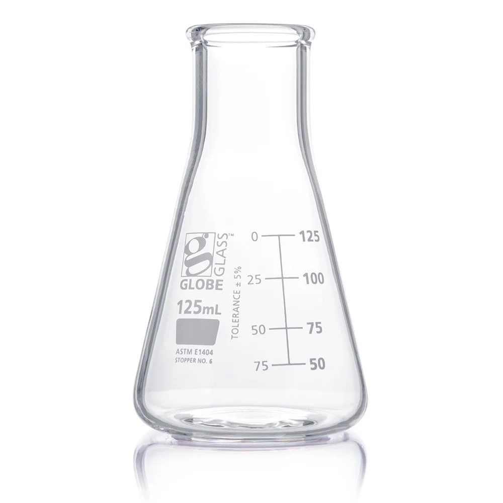 Flask, Erlenmeyer, Globe Glass, 125mL, Wide Mouth, Dual Graduations, ASTM E1404, 12/Box - CS/48