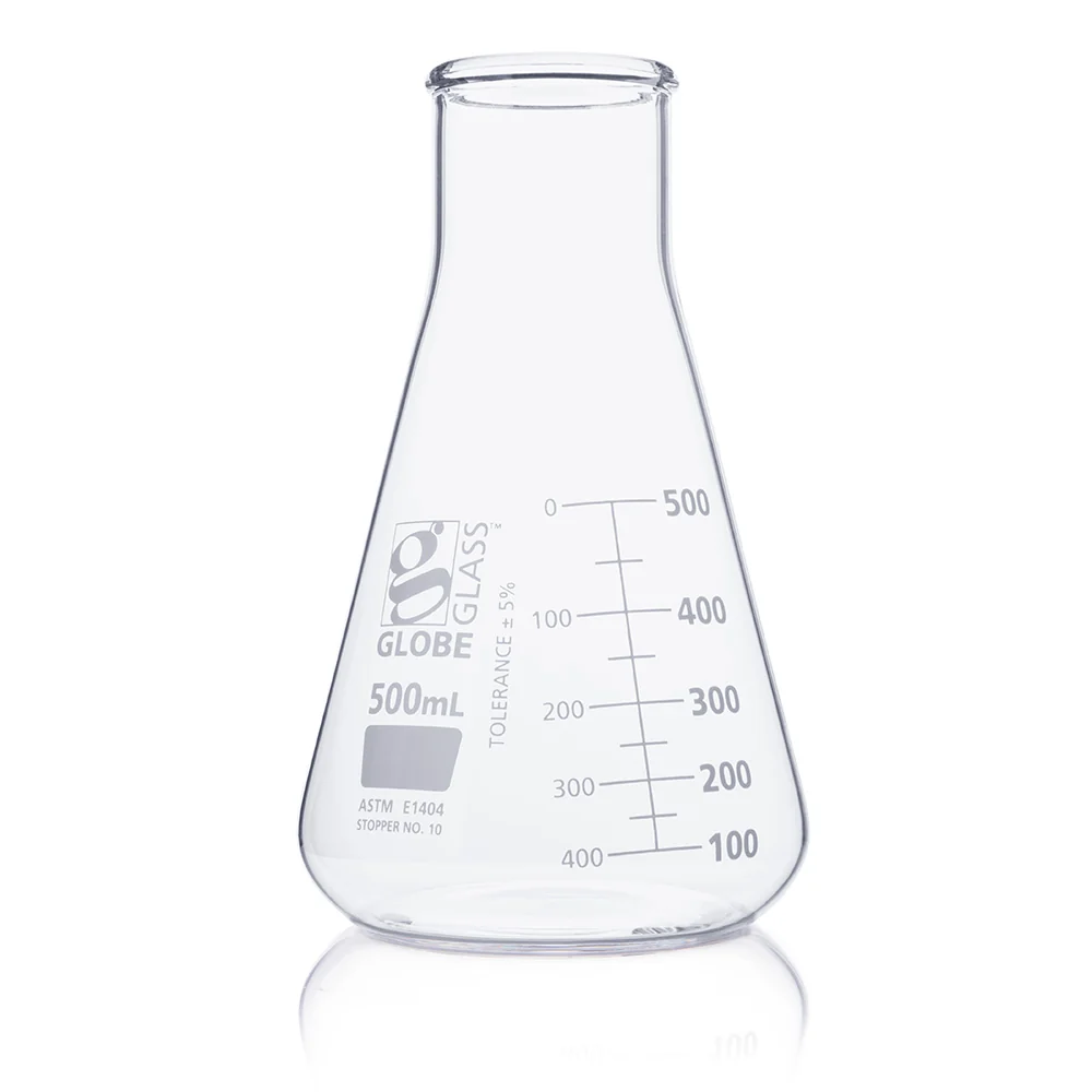 Flask, Erlenmeyer, Globe Glass, 500mL, Wide Mouth, Dual Graduations, ASTM E1404, 6/Box - CS/36
