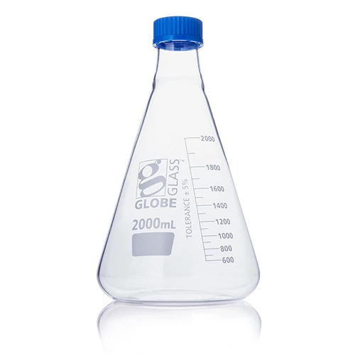 Flask, Erlenmeyer, Globe Glass, 2000mL, Screw Cap, Dual Graduations, ASTM E1404, 1/Box - CS/2