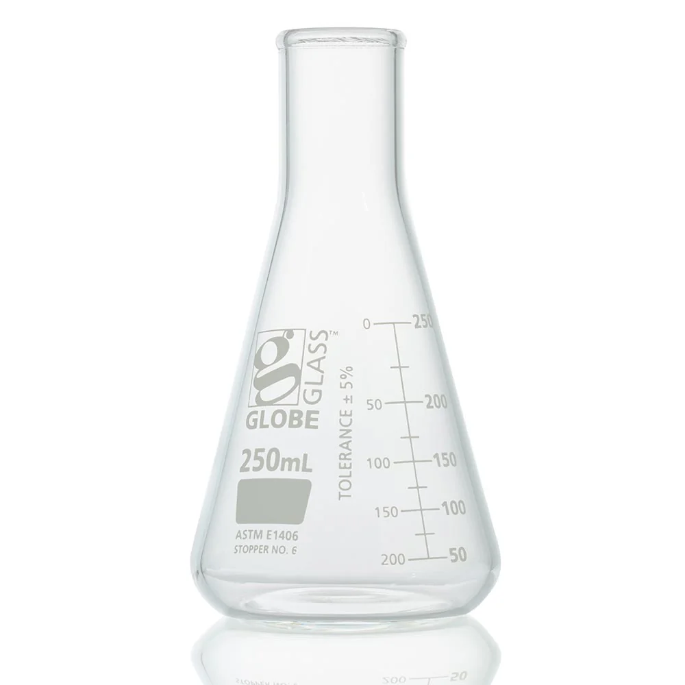 Flask, Erlenmeyer, Globe Glass, 250mL, Heavy Duty, Narrow Mouth, Dual Graduations, ASTM E1406, 6/Box